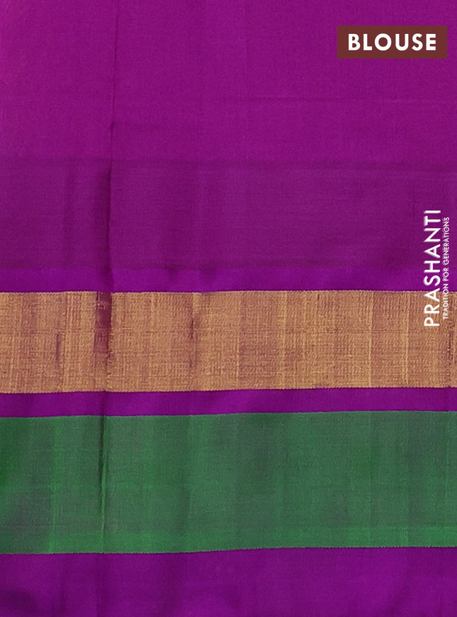 Silk cotton saree orange and purple with allover kalamkari prints and temple design zari woven simple border