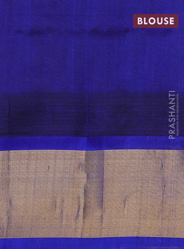 Silk cotton saree cream and blue with allover kalamkari prints and temple design zari woven simple border