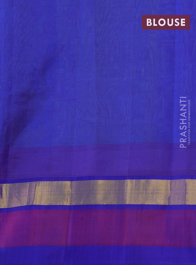 Silk cotton saree parrot green and blue with allover kalamkari prints & zari buttas and temple design zari woven simple border