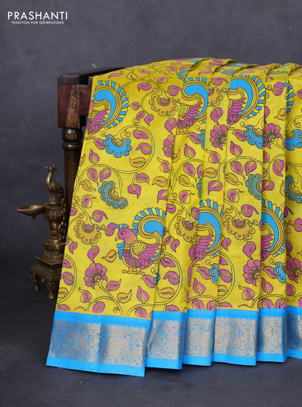 Silk cotton saree yellow and blue with allover kalamkari prints and zari woven korvai border