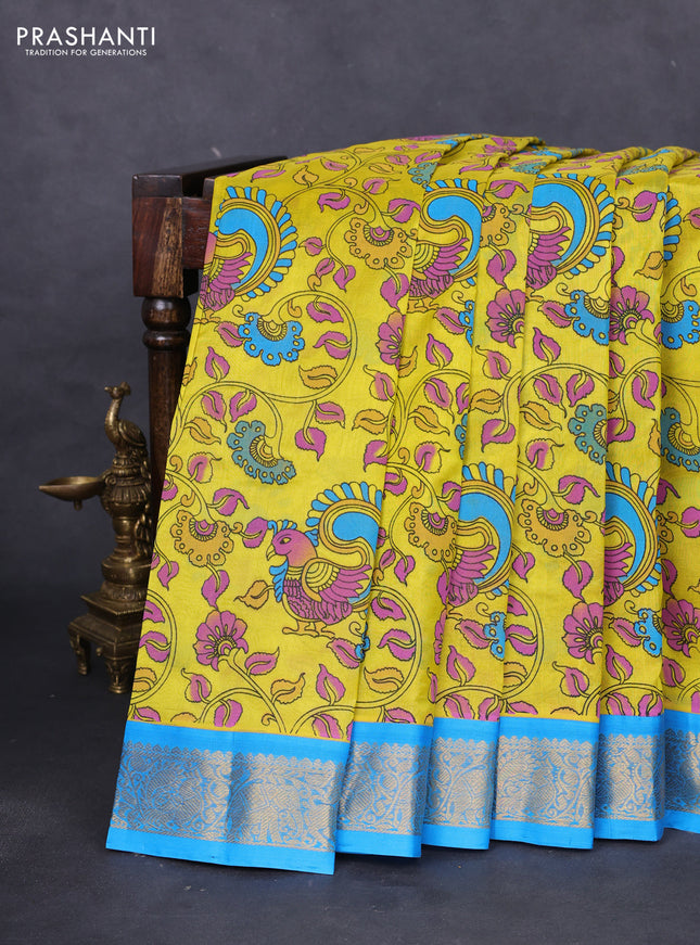 Silk cotton saree yellow and blue with allover kalamkari prints and zari woven korvai border