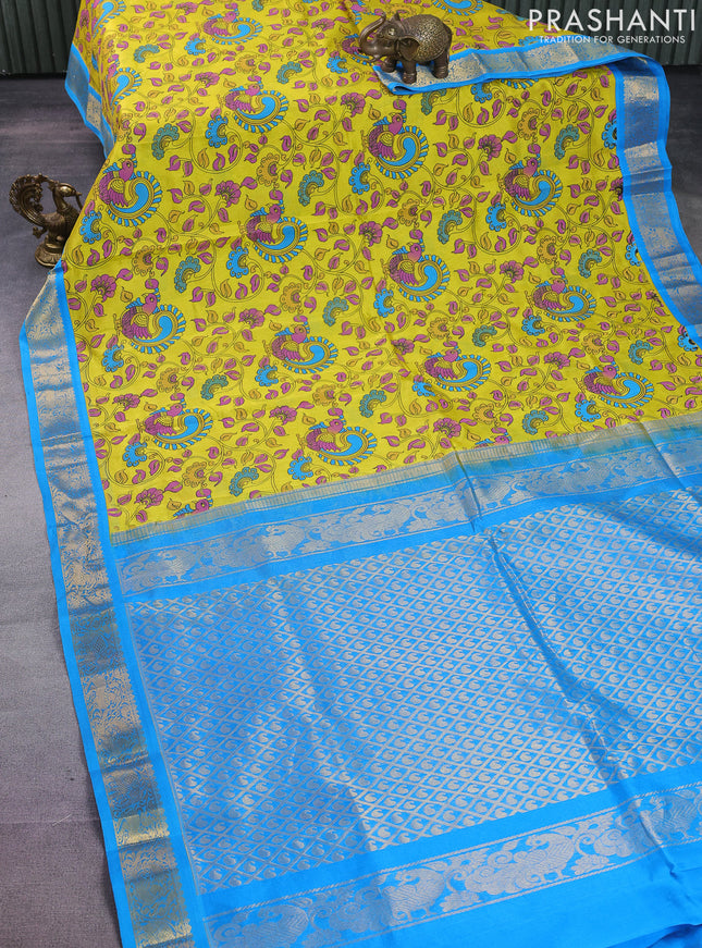 Silk cotton saree yellow and blue with allover kalamkari prints and zari woven korvai border