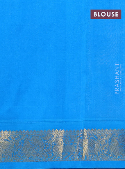 Silk cotton saree yellow and blue with allover kalamkari prints and zari woven korvai border