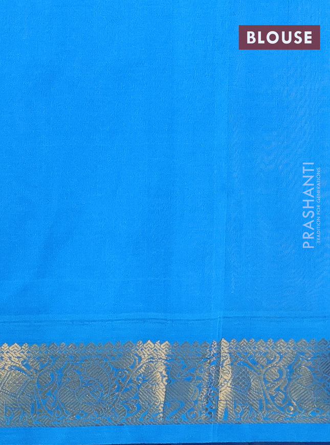 Silk cotton saree yellow and blue with allover kalamkari prints and zari woven korvai border