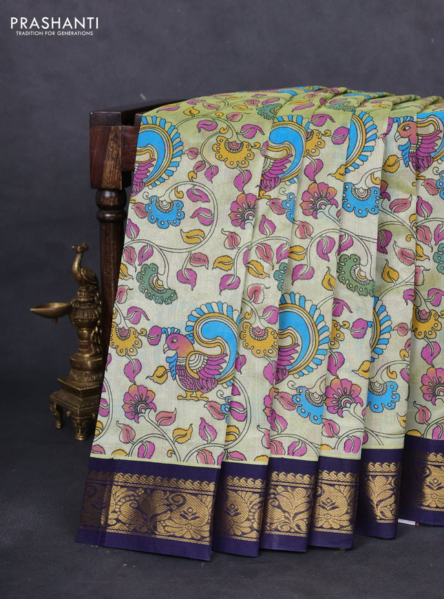 Silk cotton saree pista green and navy blue with allover kalamkari prints and zari woven korvai border