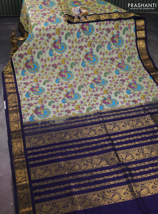 Silk cotton saree pista green and navy blue with allover kalamkari prints and zari woven korvai border