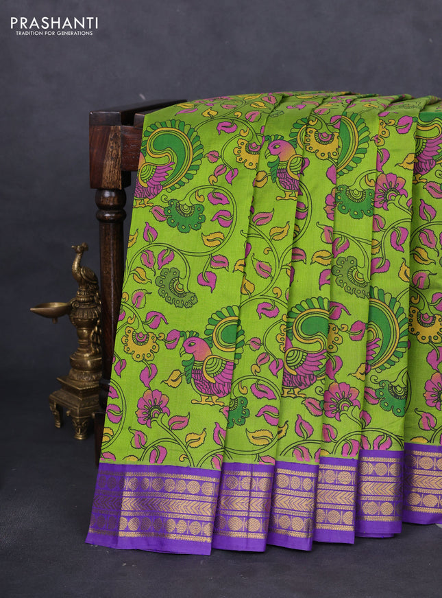 Silk cotton saree light green and violet with allover kalamkari prints and zari woven korvai border