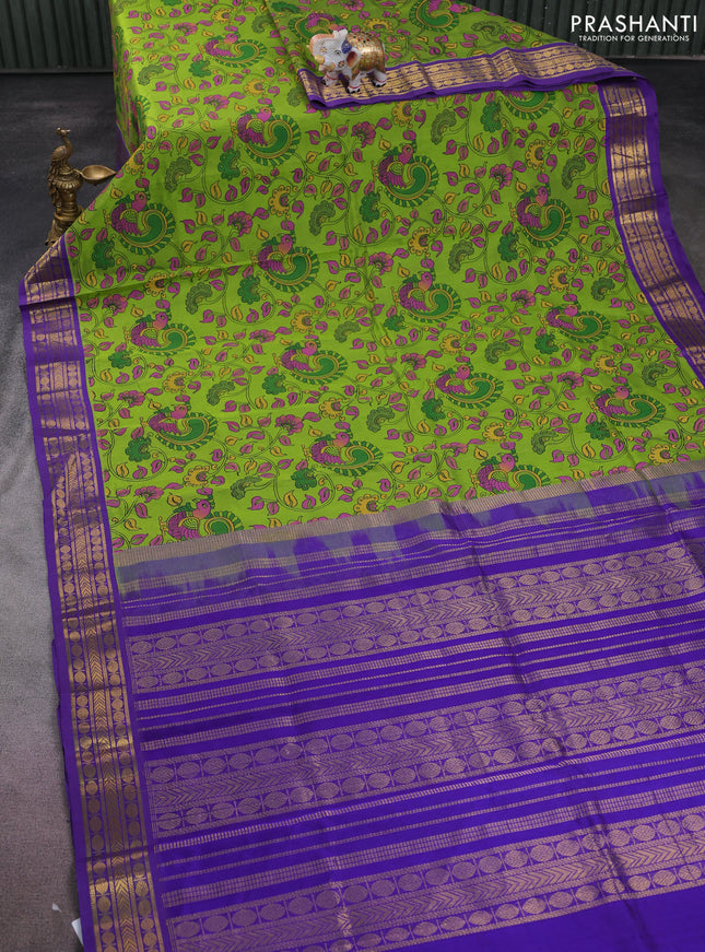 Silk cotton saree light green and violet with allover kalamkari prints and zari woven korvai border
