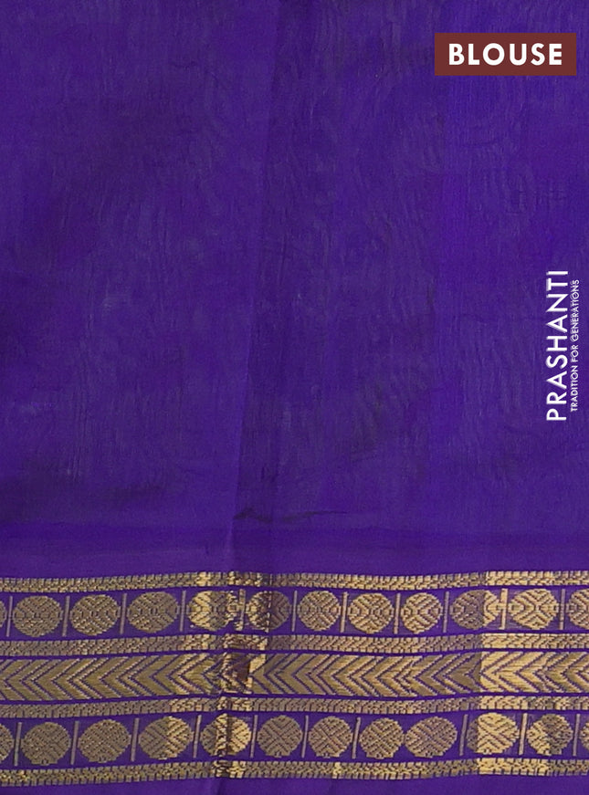 Silk cotton saree light green and violet with allover kalamkari prints and zari woven korvai border