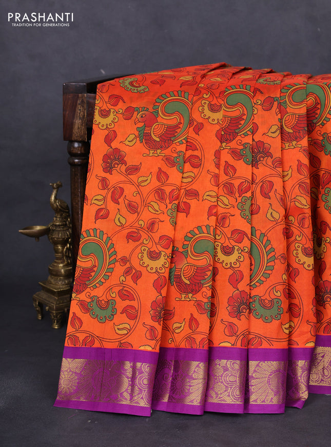 Silk cotton saree orange and purple with allover kalamkari prints and zari woven korvai border