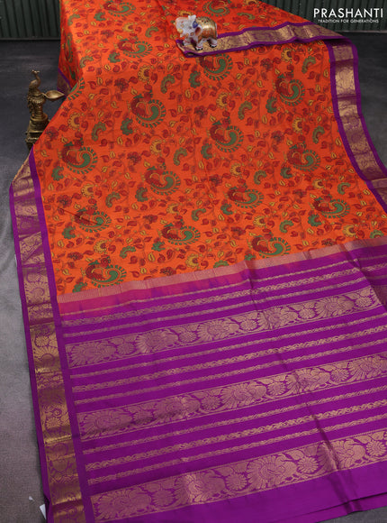 Silk cotton saree orange and purple with allover kalamkari prints and zari woven korvai border