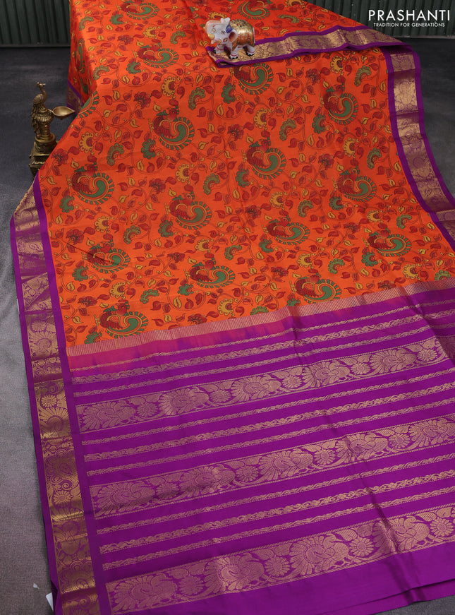 Silk cotton saree orange and purple with allover kalamkari prints and zari woven korvai border