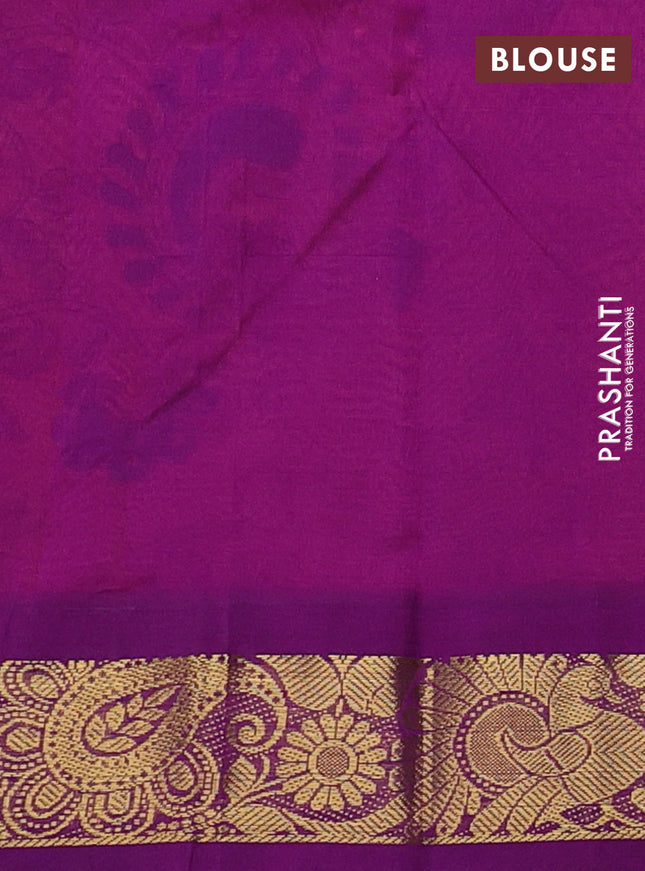 Silk cotton saree orange and purple with allover kalamkari prints and zari woven korvai border