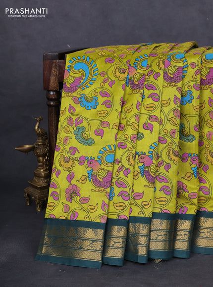 Silk cotton saree lime yellow and green with allover kalamkari prints and zari woven korvai border