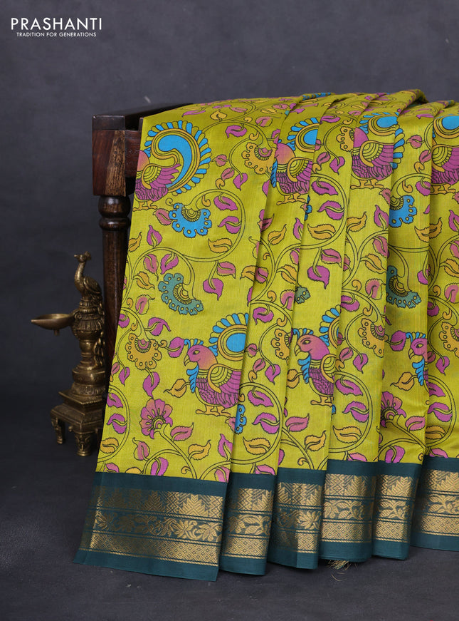 Silk cotton saree lime yellow and green with allover kalamkari prints and zari woven korvai border