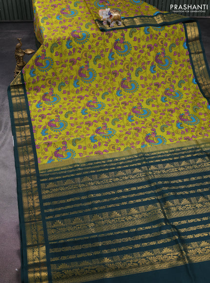 Silk cotton saree lime yellow and green with allover kalamkari prints and zari woven korvai border