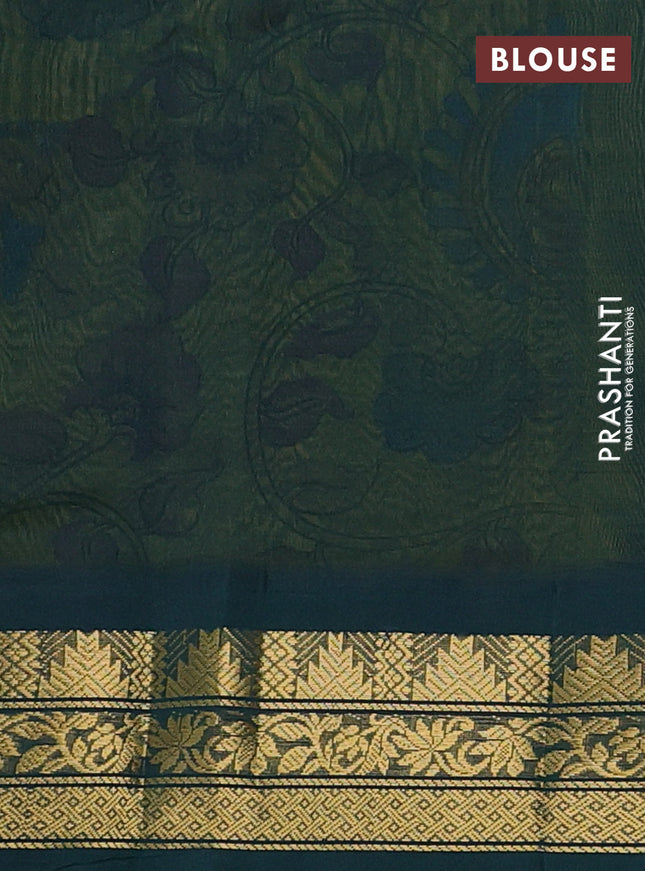 Silk cotton saree lime yellow and green with allover kalamkari prints and zari woven korvai border