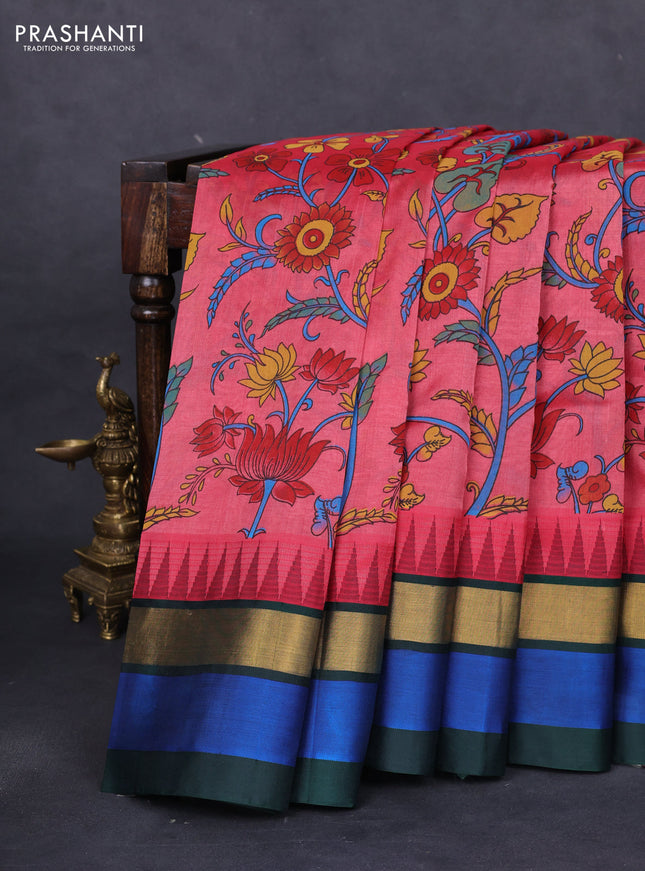 Silk cotton saree dark peach pink and bottle green with allover kalamkari prints and temple design zari woven simple border
