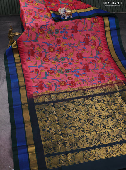 Silk cotton saree dark peach pink and bottle green with allover kalamkari prints and temple design zari woven simple border
