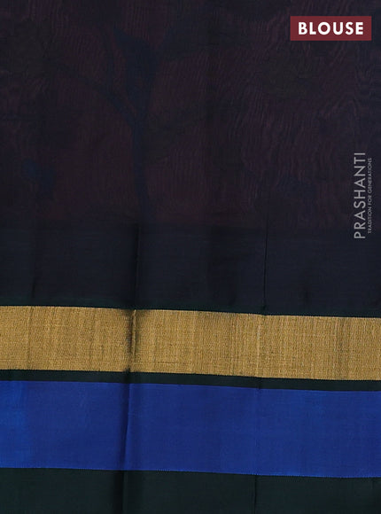 Silk cotton saree dark peach pink and bottle green with allover kalamkari prints and temple design zari woven simple border