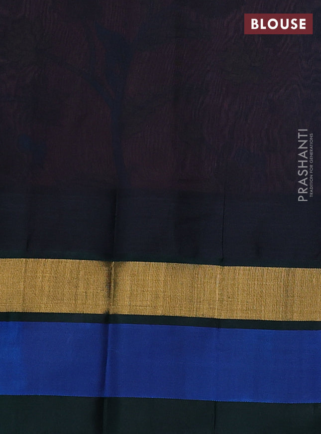 Silk cotton saree dark peach pink and bottle green with allover kalamkari prints and temple design zari woven simple border