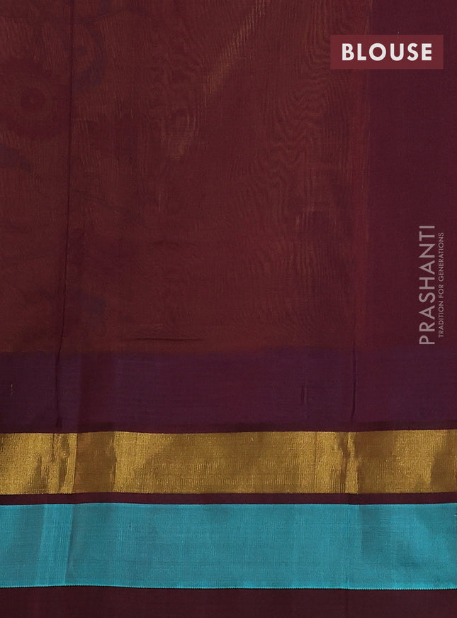 Silk cotton saree mustard yellow and coffee brown with allover kalamkari prints and temple design zari woven simple border