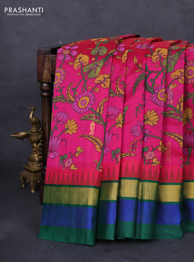 Silk cotton saree magenta pink and green with allover kalamkari prints & zari buttas and temple design zari woven simple border