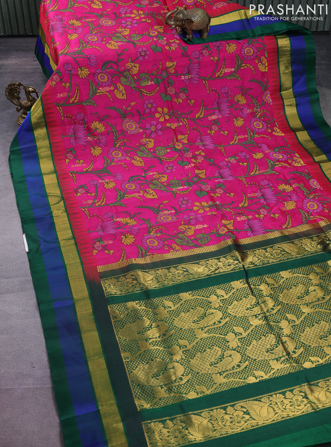 Silk cotton saree magenta pink and green with allover kalamkari prints & zari buttas and temple design zari woven simple border