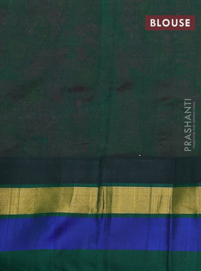 Silk cotton saree magenta pink and green with allover kalamkari prints & zari buttas and temple design zari woven simple border