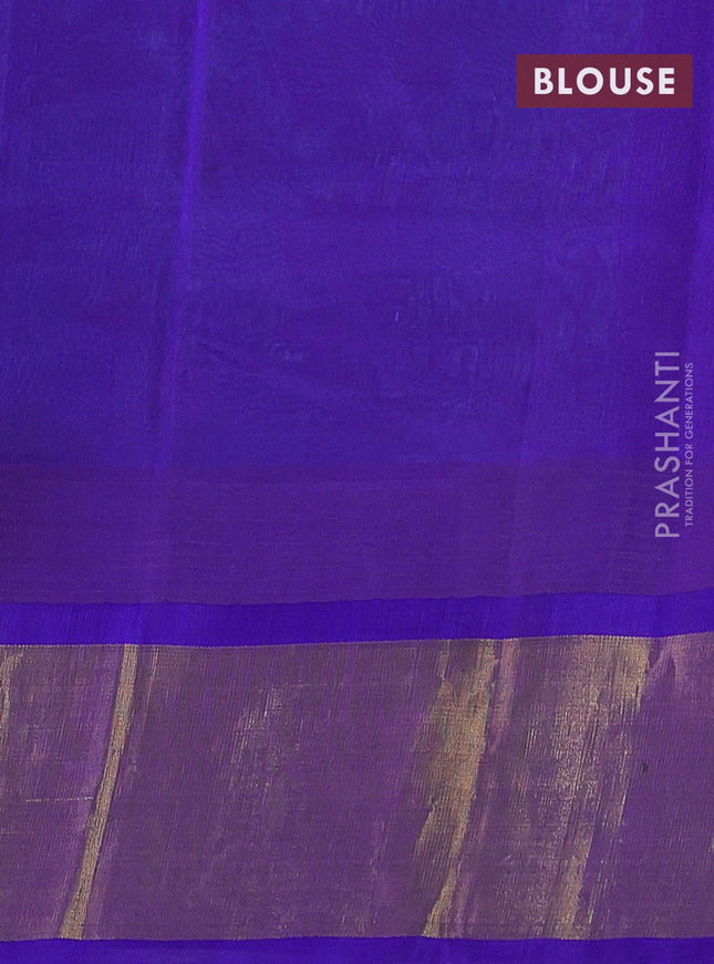 Silk cotton saree teal blue and violet with allover kalamkari prints and temple design zari woven simple border