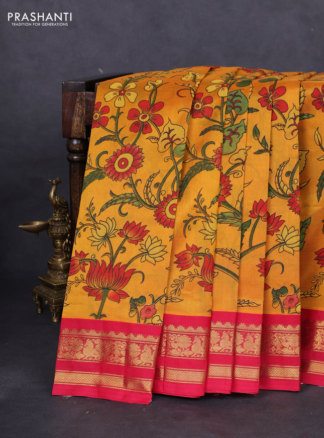Silk cotton saree mango yelllow and red with allover kalamkari prints and zari woven korvai border