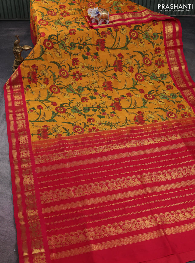 Silk cotton saree mango yelllow and red with allover kalamkari prints and zari woven korvai border