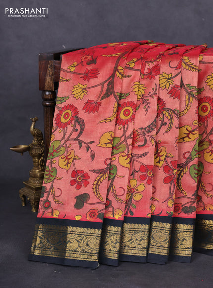 Silk cotton saree red shade and bottle green with allover kalamkari prints and zari woven korvai border