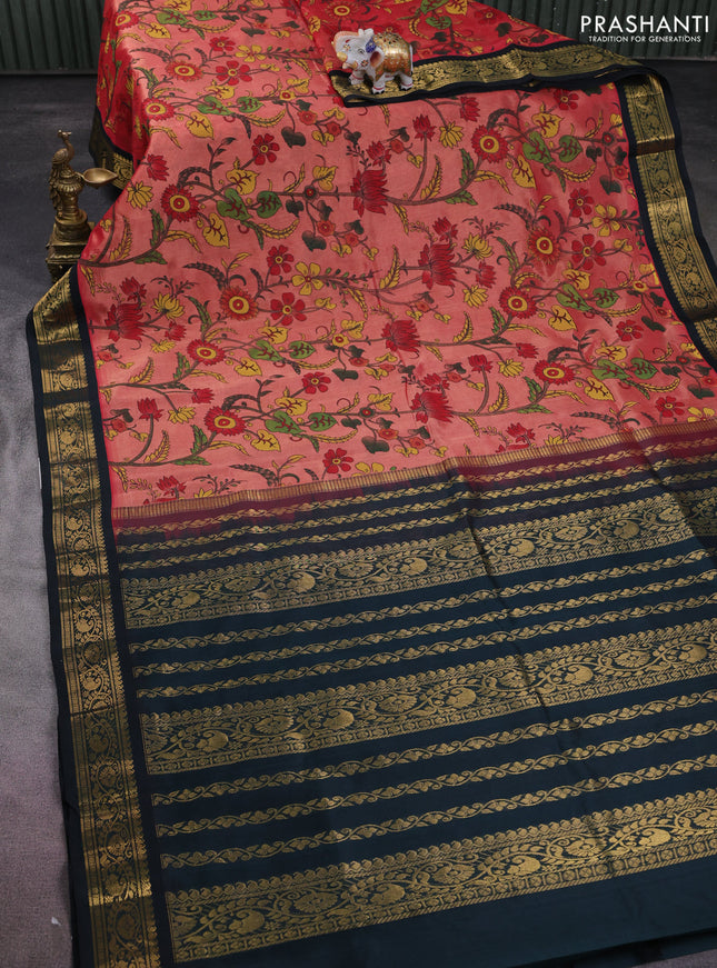 Silk cotton saree red shade and bottle green with allover kalamkari prints and zari woven korvai border