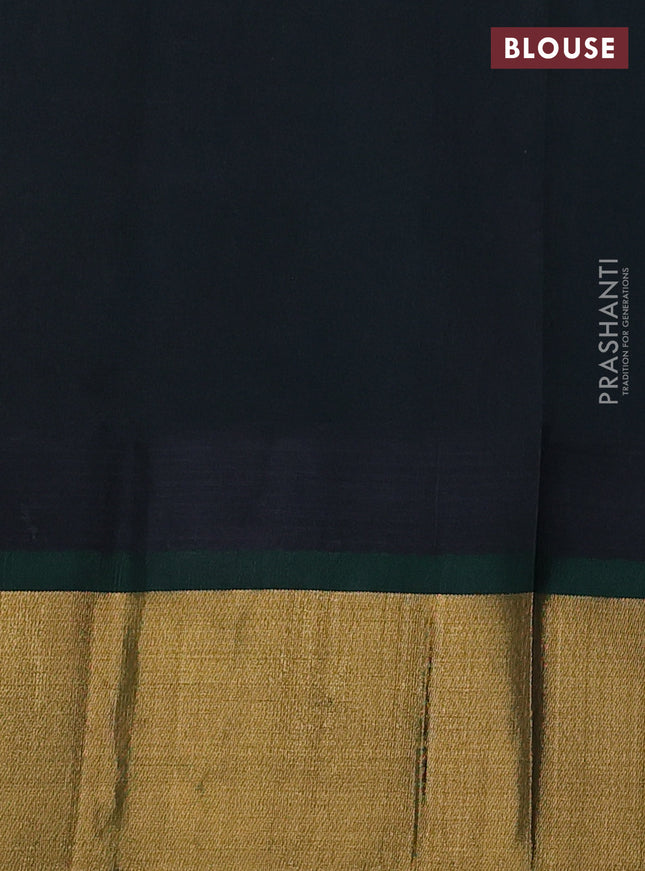 Silk cotton saree peach pink and bottle green with allover kalamkari prints and temple design zari woven simple border