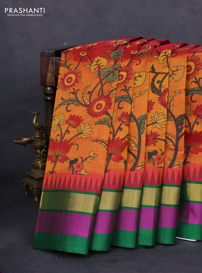 Silk cotton saree dual shade of mustard and green with allover kalamkari prints and temple design zari woven simple border