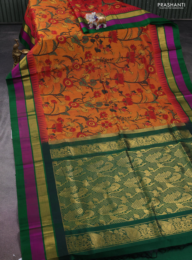 Silk cotton saree dual shade of mustard and green with allover kalamkari prints and temple design zari woven simple border