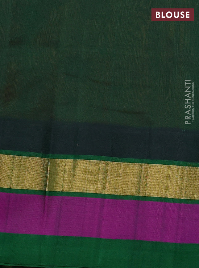 Silk cotton saree dual shade of mustard and green with allover kalamkari prints and temple design zari woven simple border