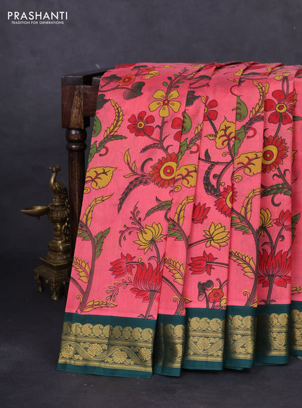 Silk cotton saree peach pink and green with allover kalamkari prints and zari woven korvai border