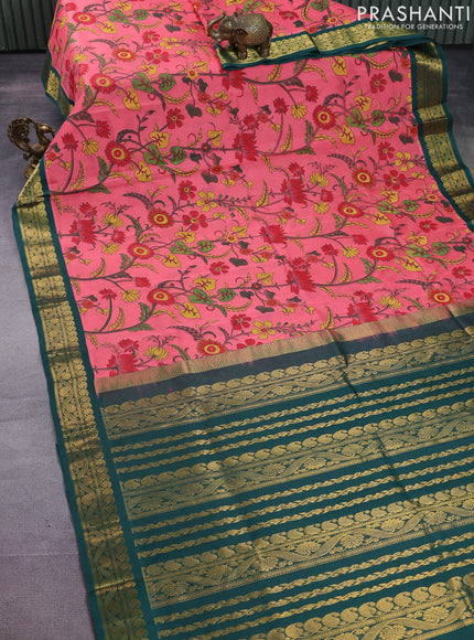 Silk cotton saree peach pink and green with allover kalamkari prints and zari woven korvai border
