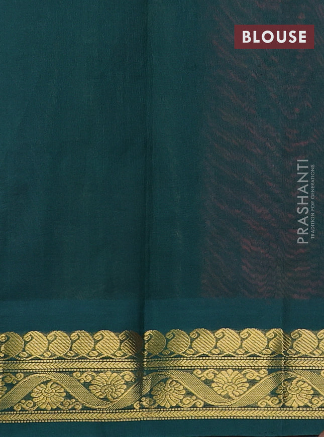 Silk cotton saree peach pink and green with allover kalamkari prints and zari woven korvai border