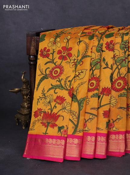 Silk cotton saree mango yellow and pink with allover kalamkari prints and zari woven korvai border