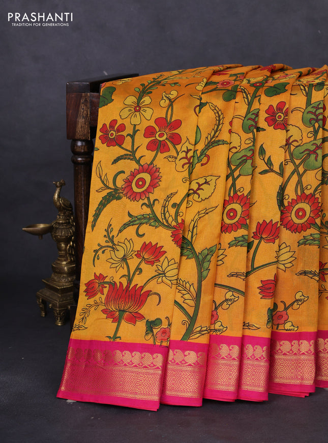 Silk cotton saree mango yellow and pink with allover kalamkari prints and zari woven korvai border