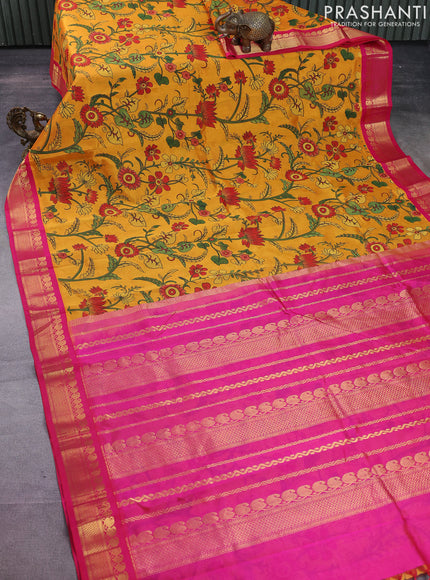 Silk cotton saree mango yellow and pink with allover kalamkari prints and zari woven korvai border