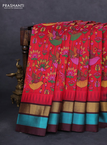 Silk cotton saree red and coffee brown with allover kalamkari prints and temple design zari woven simple border