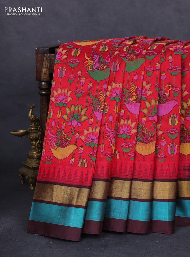 Silk cotton saree red and coffee brown with allover kalamkari prints and temple design zari woven simple border
