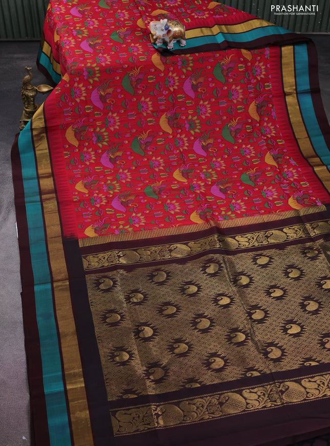 Silk cotton saree red and coffee brown with allover kalamkari prints and temple design zari woven simple border