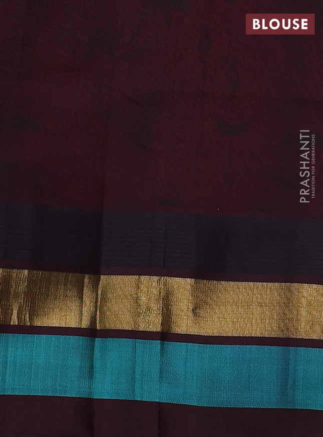 Silk cotton saree red and coffee brown with allover kalamkari prints and temple design zari woven simple border