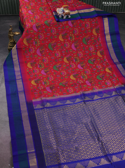 Silk cotton saree red and blue with allover kalamkari prints and temple design zari woven simple border