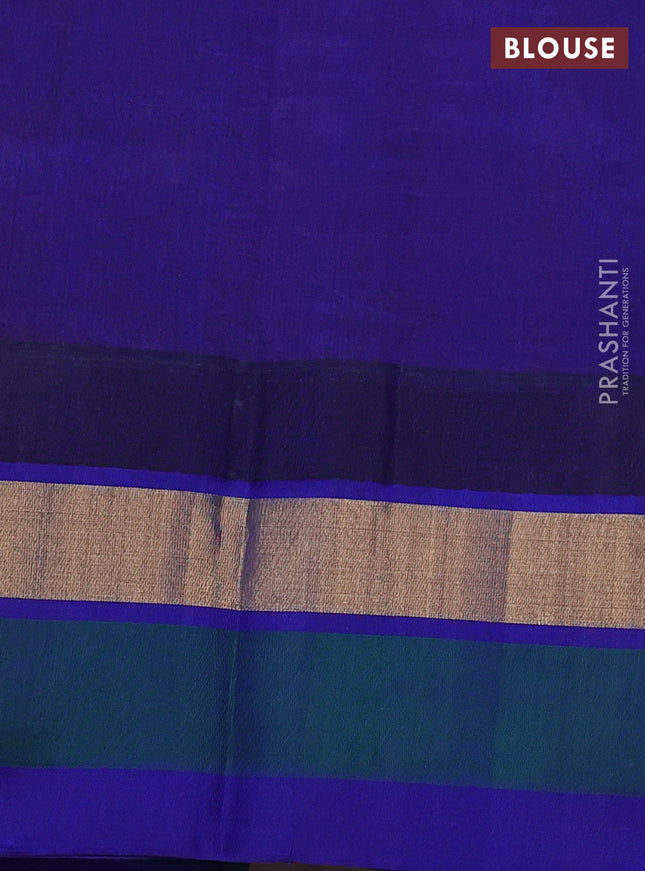 Silk cotton saree red and blue with allover kalamkari prints and temple design zari woven simple border